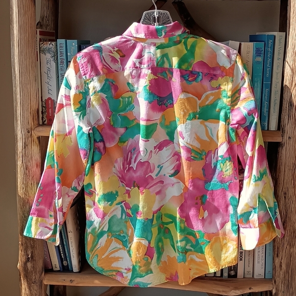 LAUREN Ralph Lauren Bright Abstract Floral Print Button Down Shirt Size P/S - Picture 2 of 4